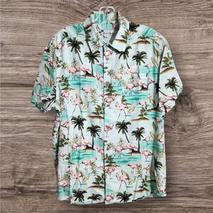 Oliver & Burke Palm tree and flamingo print button front Hawaiian shirt men sz M
